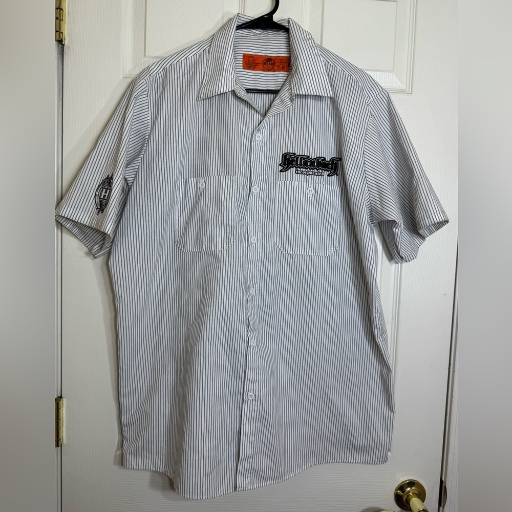 Red Kap Hellanbach Pinstripe Mechanic Shirt L Workwear Garage Button Up Tee